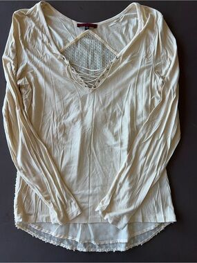 Lace-Up V-Neck Long Sleeve Top - Cream